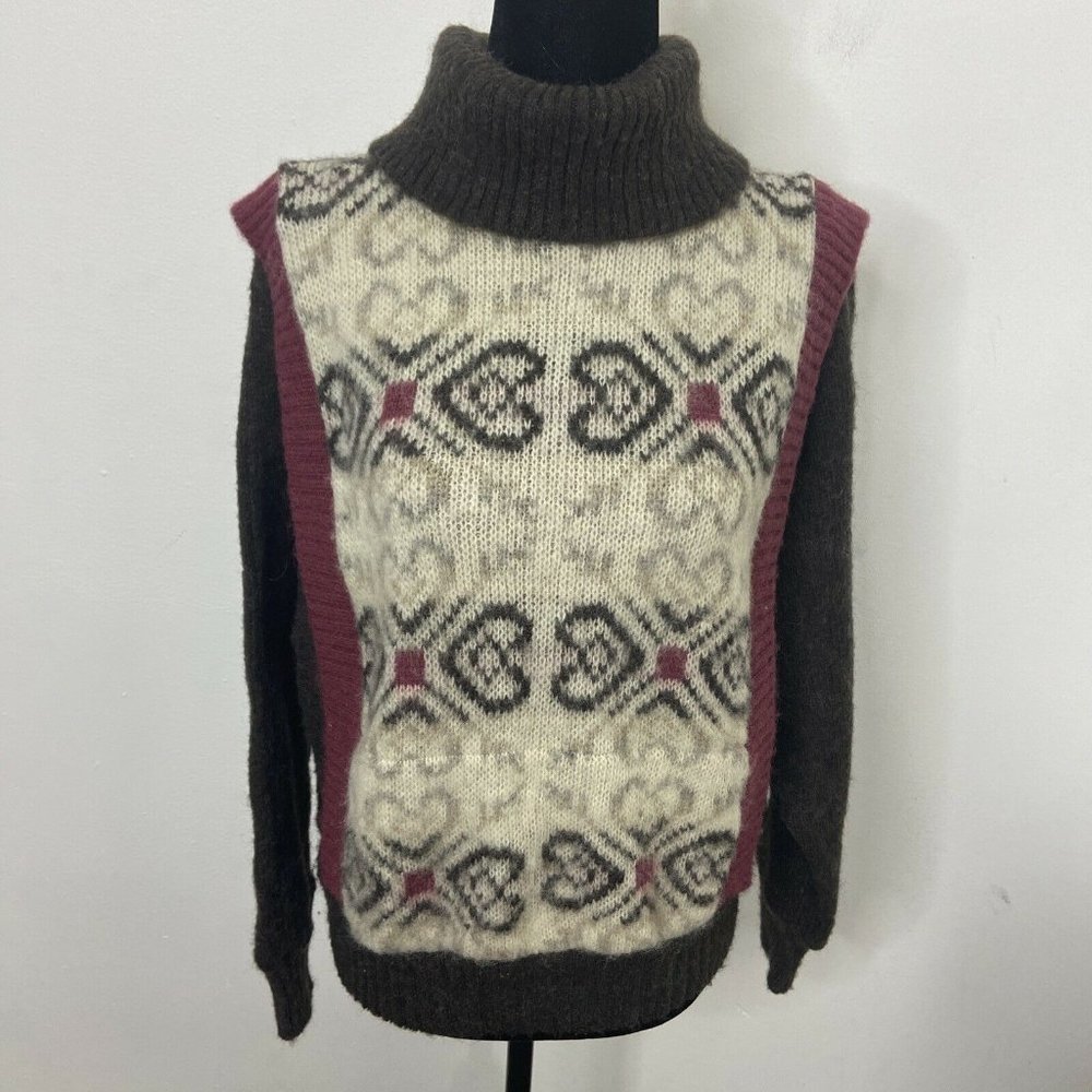 Vintage Alafoss Icewool Iceland Woman L Sweater 3D Textured Boho Wool Turtleneck